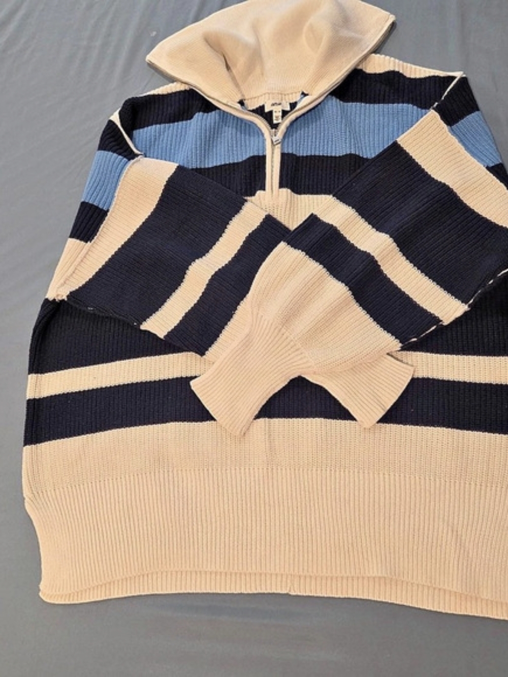 Aerie Oversized Striped Quarter Zip Hoodie Sweater Cream & Blue XS